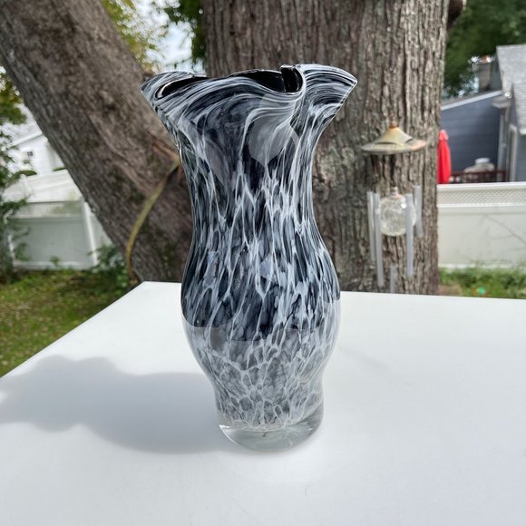 Other - Vintage Hand Blown Glass Spotted Black Gray And White Vase Mottled Ribboned Edge